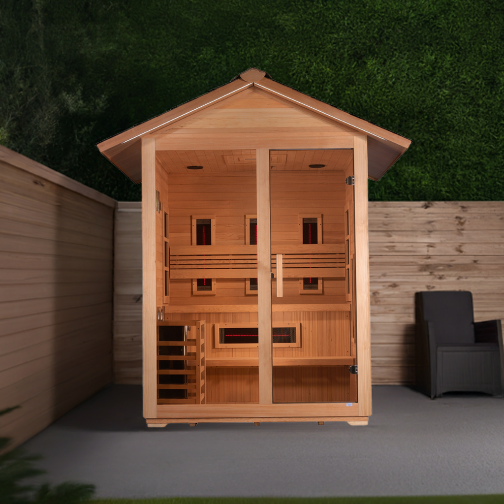 Golden Designs "Carinthia" 4 Person Hybrid (PureTech™ Full Spectrum IR or Traditional Stove) Outdoor Sauna - Canadian Hemlock