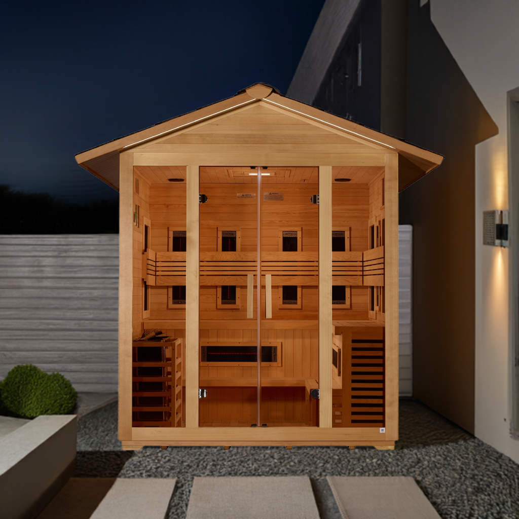Golden Designs "Gargellen" 5 Person Hybrid (PureTech™ Full Spectrum IR or Traditional Stove) Outdoor Sauna - Canadian Hemlock
